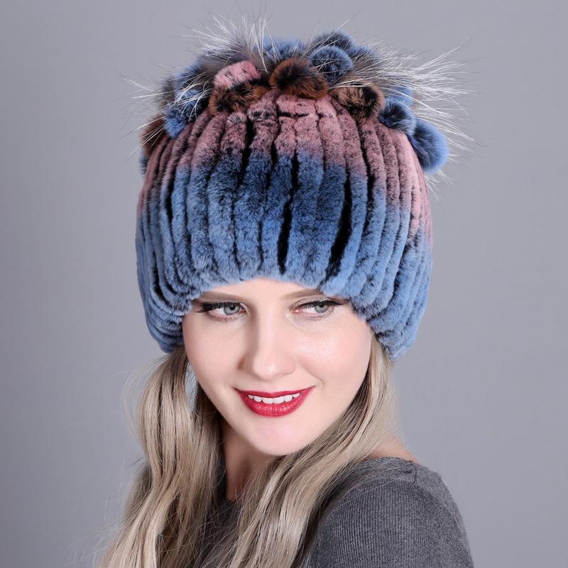 Colorful Rex Rabbit Fur Knitted Women's Warm Winter Hat