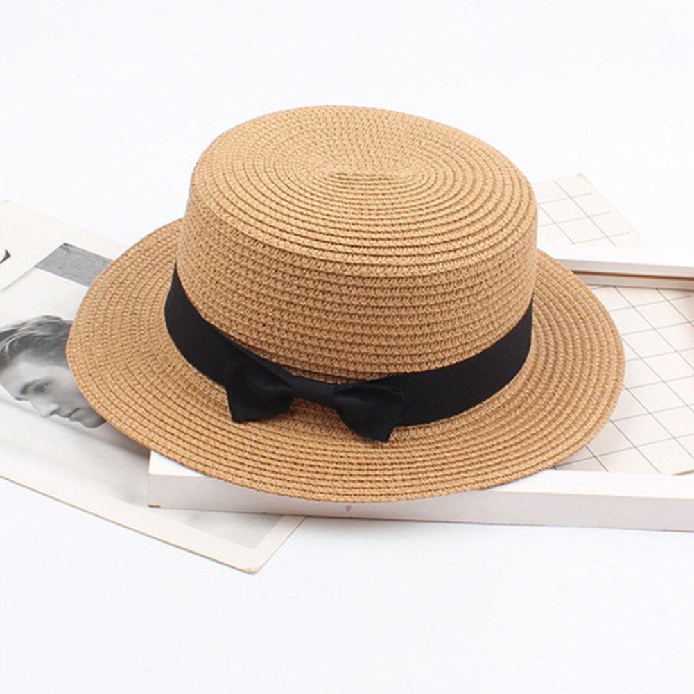 Women Fashion Straw Hat  Retro Bowknot Flat Top Hat Sunshade Beach Hat Summer