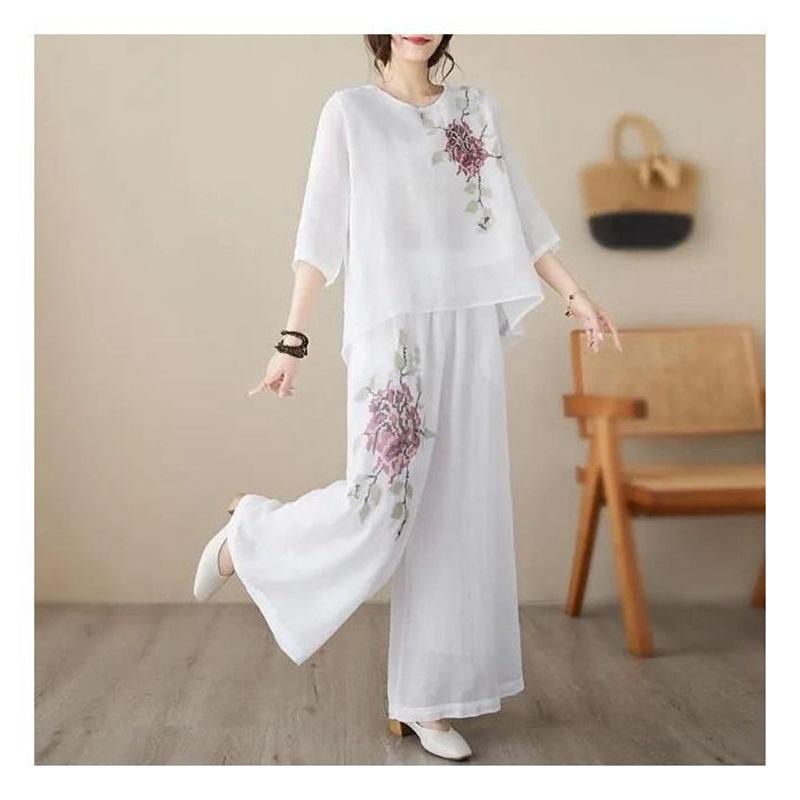 

New Casual Embroidered Two Piece Outfit Loose Fit Cotton Top And Wide Leg Pants XXXL