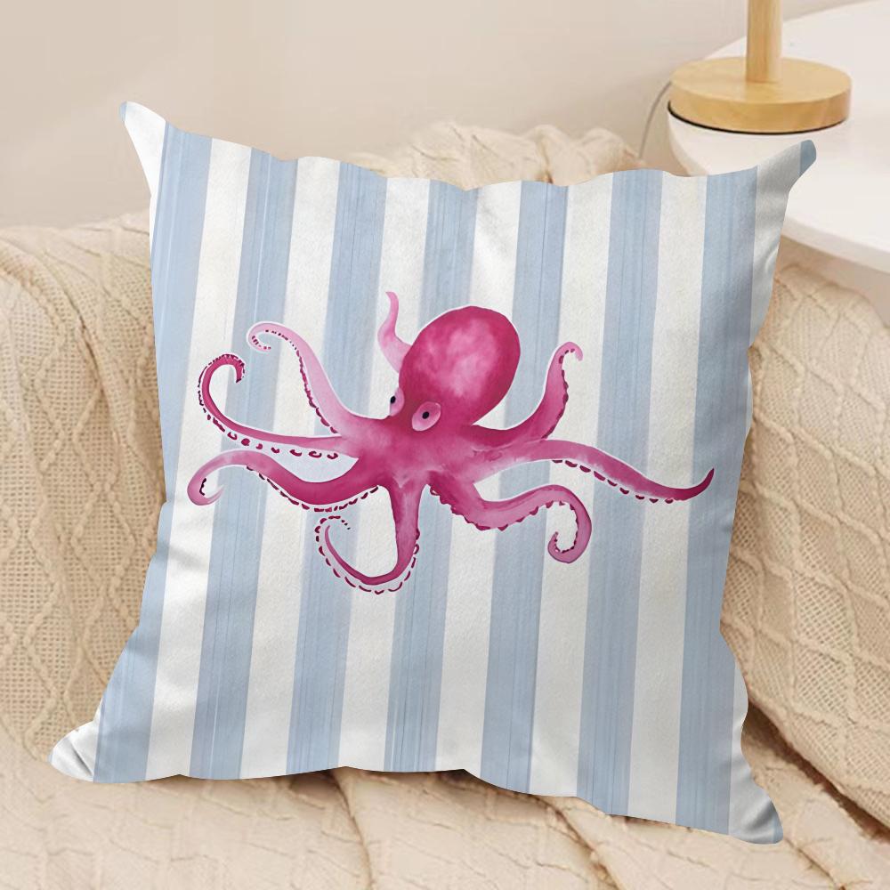 Ocean Life Theme Striped Double-Sided Printed Pillow Cover Short Plush Suitable Living Rooms Bedrooms Sofas Throw Cushion Cover