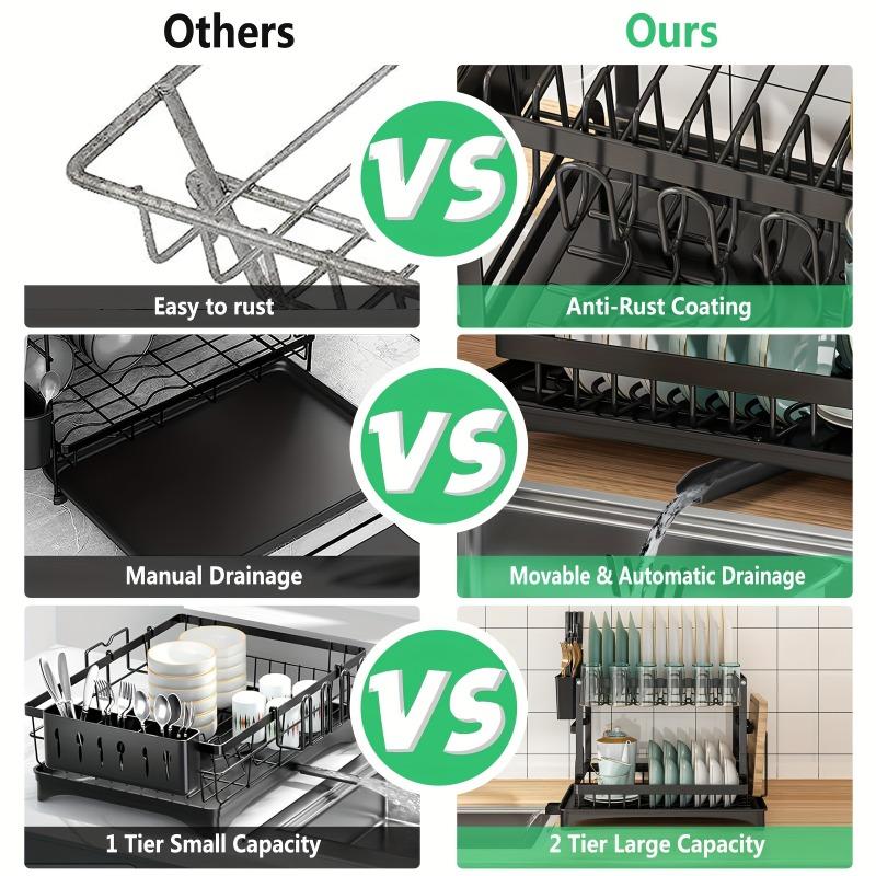 2 Tier Metal Dish Drying Rack with Drainboard Multifunctional Kitchen Organizer Utensil Cup Holder Space Saving Rustproof Black