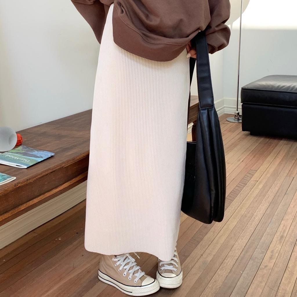Damen Cord A-Linien Midirock Hohe Taille Elastischer Stretch Gerader Schnitt Langer Rock