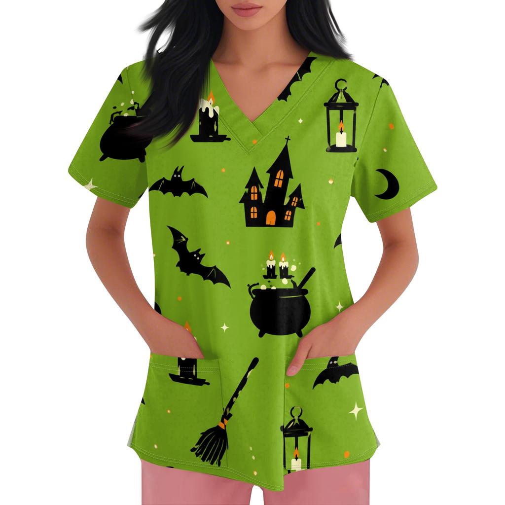 Women Short Sleeve Halloween Print V Neck Pocket Medical Scrub Top Nurse Uniform Shirt Comfortable Fit Durable Fabric