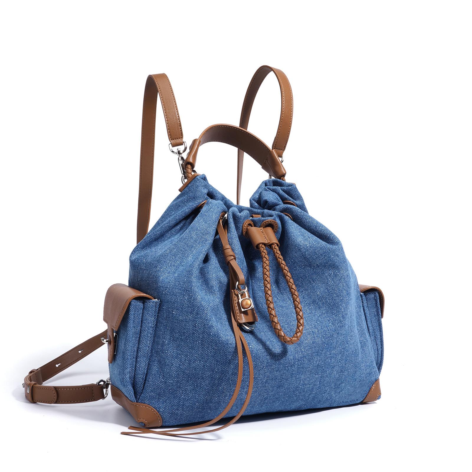 

2026 summer new niche design backpack retro denim drawstring shoulder bag large capacity fashion bag