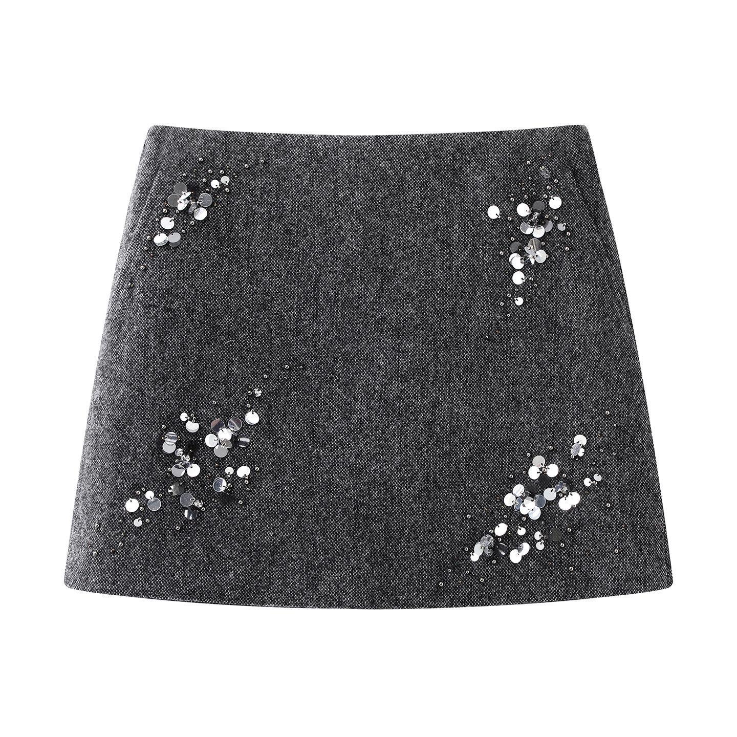 Winter 2025 High-Waist Slimming Sequin Wool A-Line Skirt for Women Medium серый/лавовый