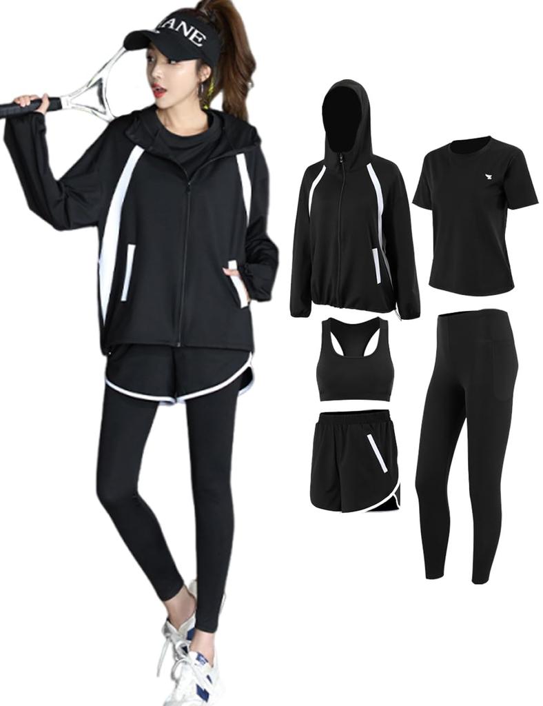 AILITI Sportswear Gym Sports Women's 5-Piece Set, Fitness, Training, Running, Yoga, Jersey, Top, Shorts, Leggings, Bra, Sweat-Wicking, Quick-Drying