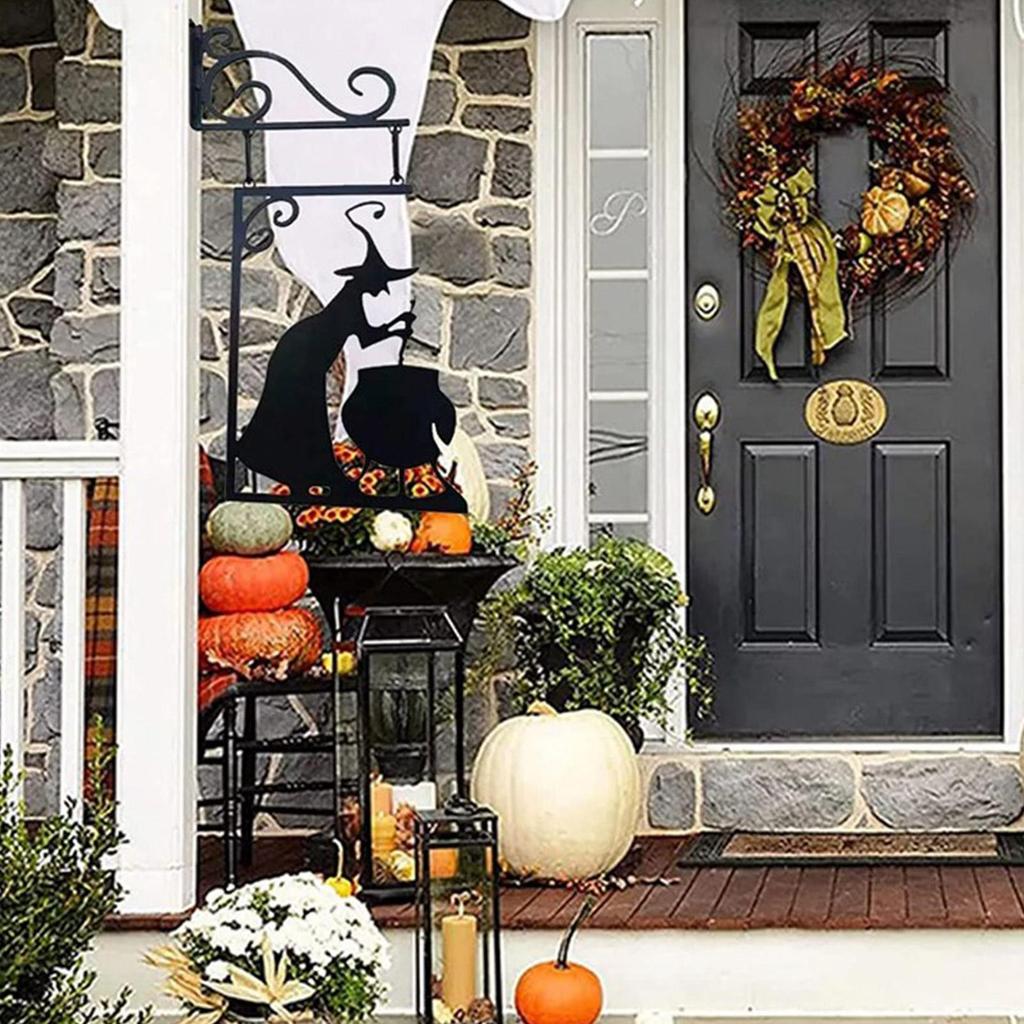 Witch Silhouette Yard Halloween Witch Boiler Metal Pendants Hangable Sculptures Ornament Signs For Party Supplies Kitchen