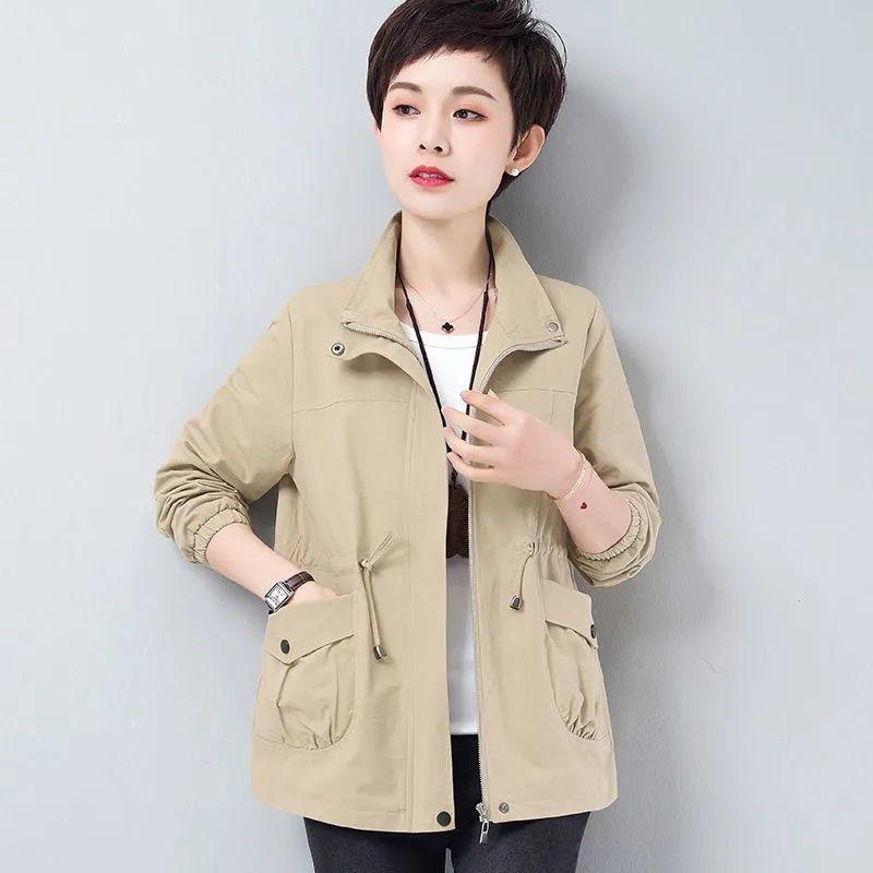 Double Layer Dámské Velké velikosti Jaro Podzim Korejské Velké Podšívka Podšívka Větrovka Stahovací šňůrka Pas Stojáček s límečkem