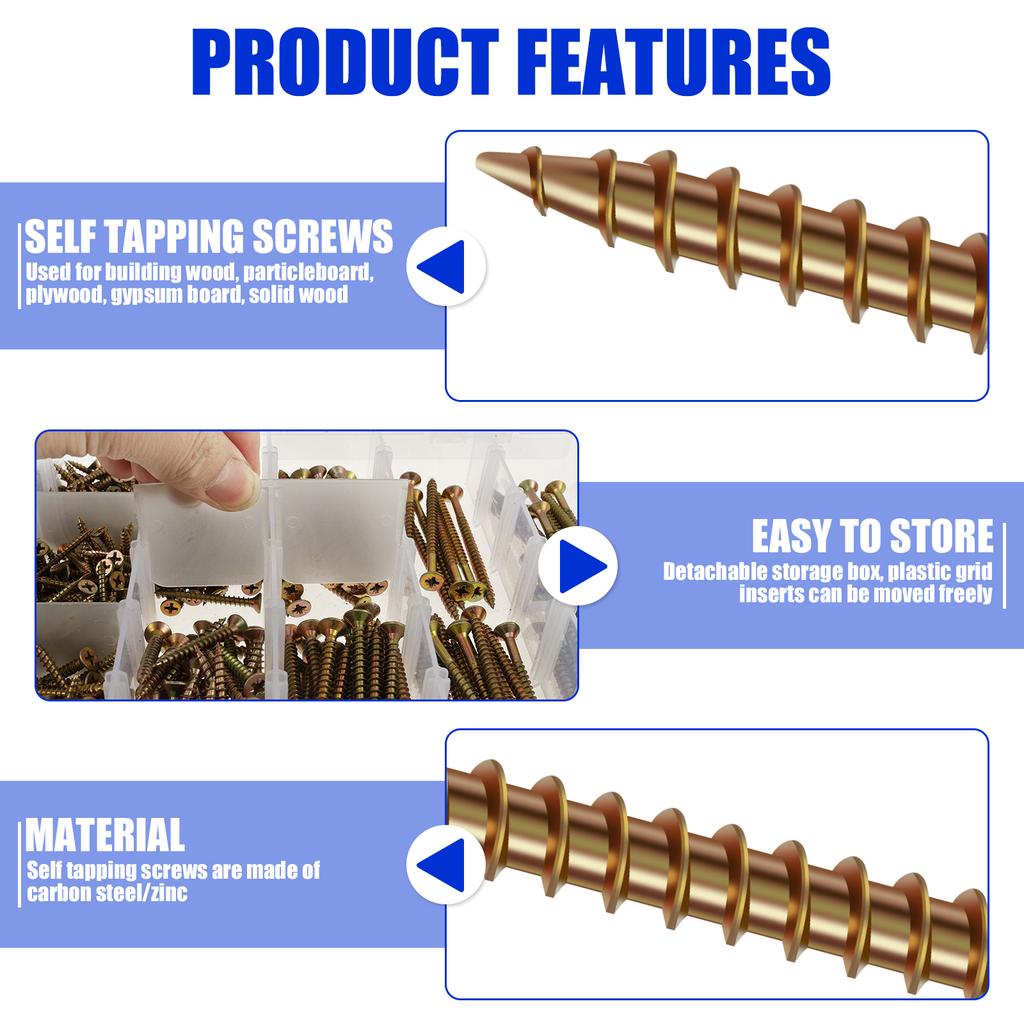 800Pcs Wood Screws and Drywall Screws Set Self-Tapping Mixed Screws Carbon Steel and Zinc Screws for Fences, Doors and Floors