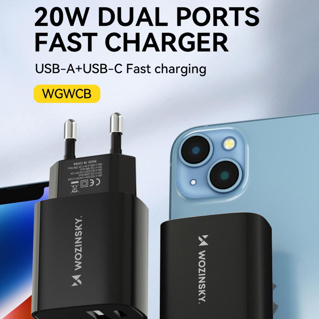 Wozinsky WGWCB 20W Dual-Port Wall Charger - USB-A & USB-C, Black