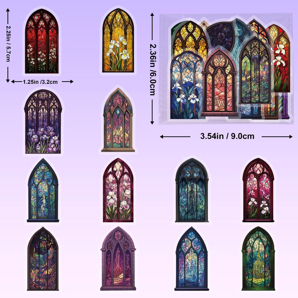 50 Colored Windows And Colorful Church Pet Account Material Collage Retro European Building Decals Do-It-Yourself Suitcase
