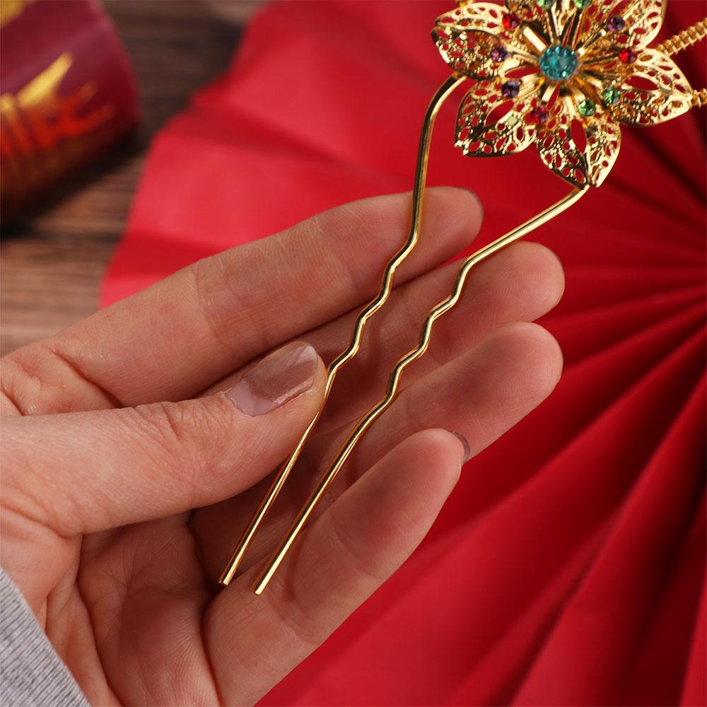 Gold Thai Hair Sticks Flower U-shaped Hair Fork Vintage Thai Metal Leaves Hairpin  Women