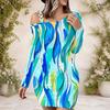 Women Plus Size One Shoulder Long Sleeve Printed Blue Pink White Bodycon Mini Dress