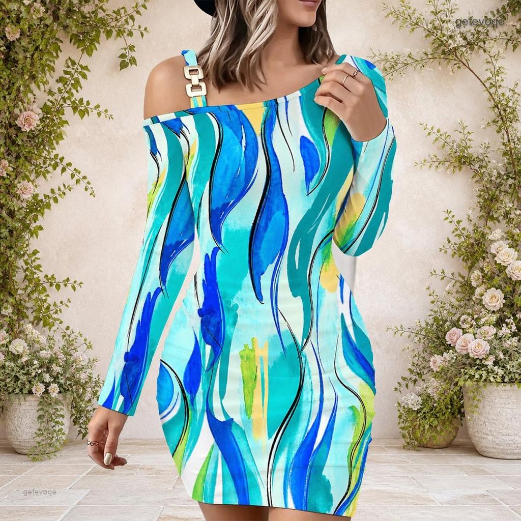 Women Plus Size One Shoulder Long Sleeve Printed Blue Pink White Bodycon Mini Dress