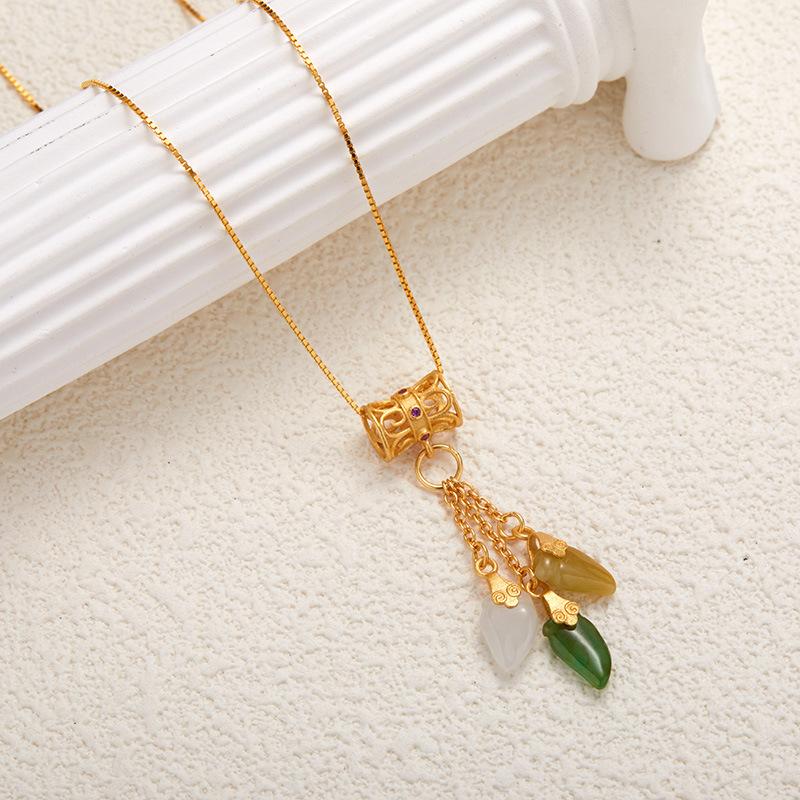 Ancient Gold Craft S925 Sterling Silver Natural Chalcedony Turquoise Treasure Necklace Women'S Fashion Design Versatile Pendant