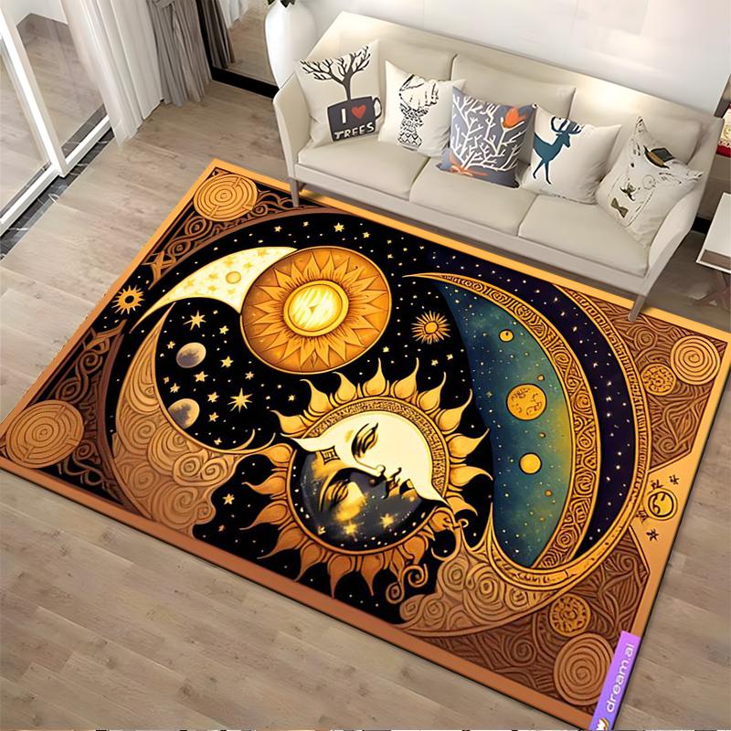 Sun and Moon Yin-Yang Themed Carpet with Cosmic Starry Pattern Suitable for Use As an Anti-slip for Living Room Bedroom Sofas