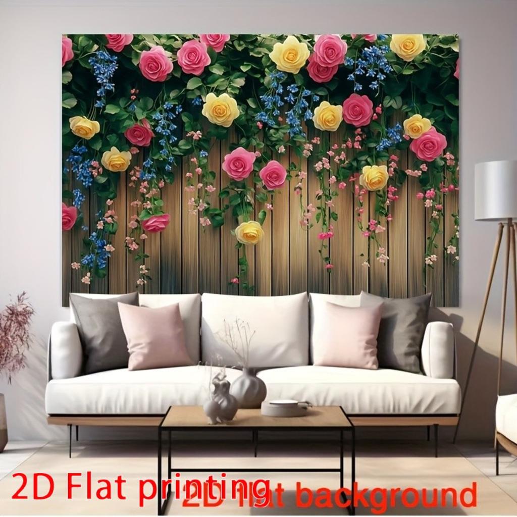 2D Plane Rose and Wind Chime Background - Climb Up the Wooden Fence Polyester Material Background Cloth