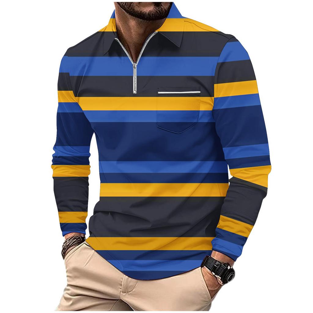 Fashion Polo Shirt Men's Printed Long Sleeve Zip Pocket Sports Polo Shirt Men's Striped Sweatshirt