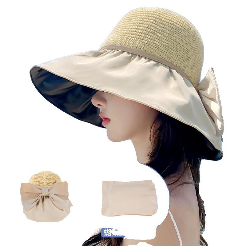 Hat women's summer sunshade sunscreen UV protection bow bucket hat face cover vinyl sun hat can be stored