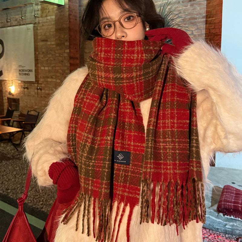 New Winter Checkered Scarf for Women Angolan Red Korean Version  Versatile Student Warm Scarf for Male Couples
