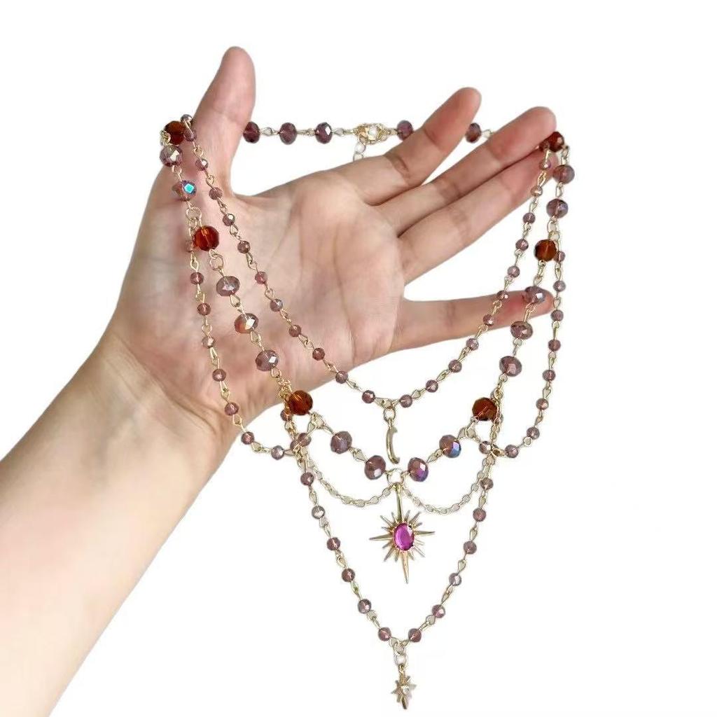 European & American Sweet Style Multi-Layer Necklace with Moon Tassel Pendant and Crystal Beaded Clavicle Chain