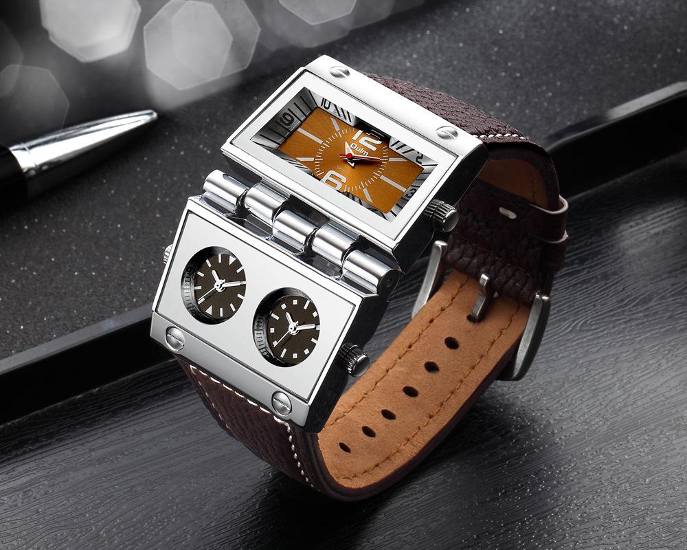 Oulm Men's Quartz Watch with Large Rectangular Dial & Multi-Time Zone Display