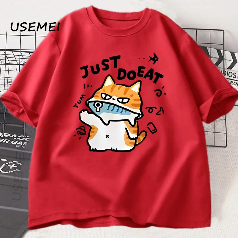 Funny Cat Eat Fish T-shirt for Women Summer Tops Tshirts O-neck Women Clothing Streetwear Short Sleeve T Shirt