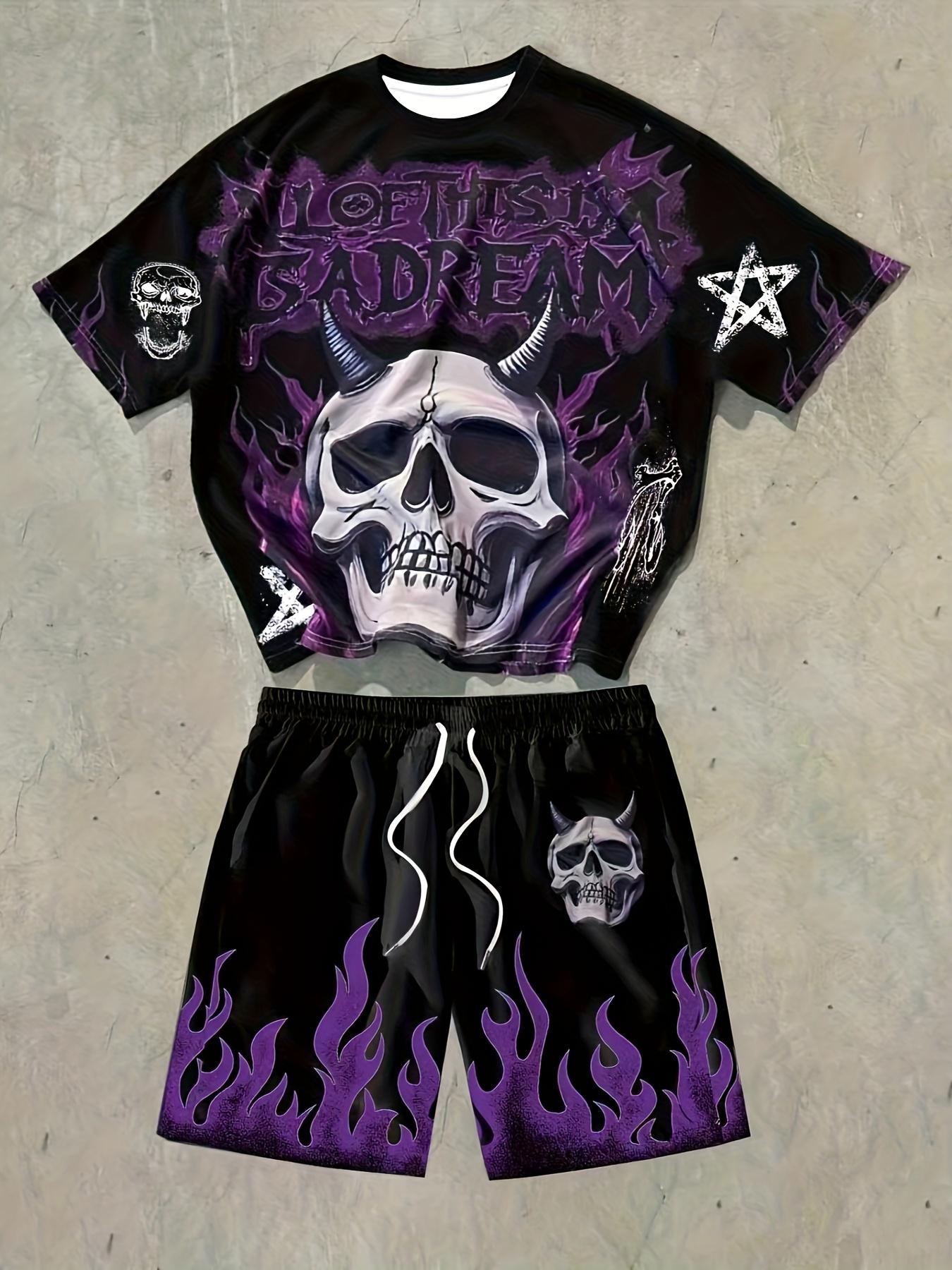 

Hot Selling Men s New 3D Skull Letter Print Outdoor Fashion Clothing Comfortable and Breathable Round Neck T-shirt Shorts Set 6XL