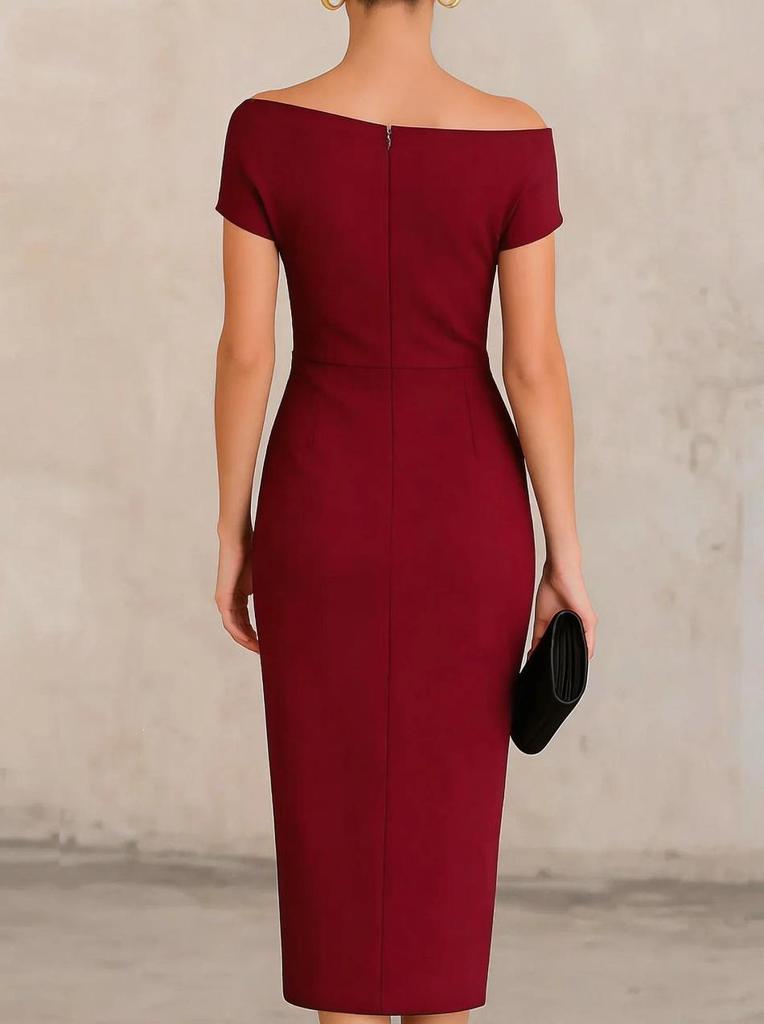 2026 European & American One-Shoulder Waist-Cinched Pleated Slit Evening Gown for Banquets & Commutes