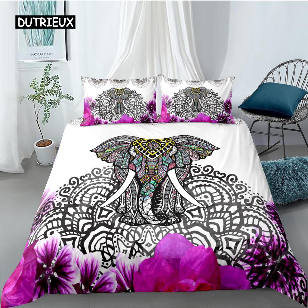 Elephant Duvet Cover Set Bohemian Style Decorative Quilt Cover Set Soft Microfiber Double Queen King Size Polyester Bedding Set