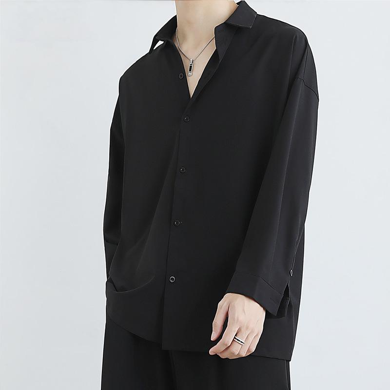 Camisa Negra de Manga Larga Holgada para Hombre Casual Color Sólido Top Streetwear