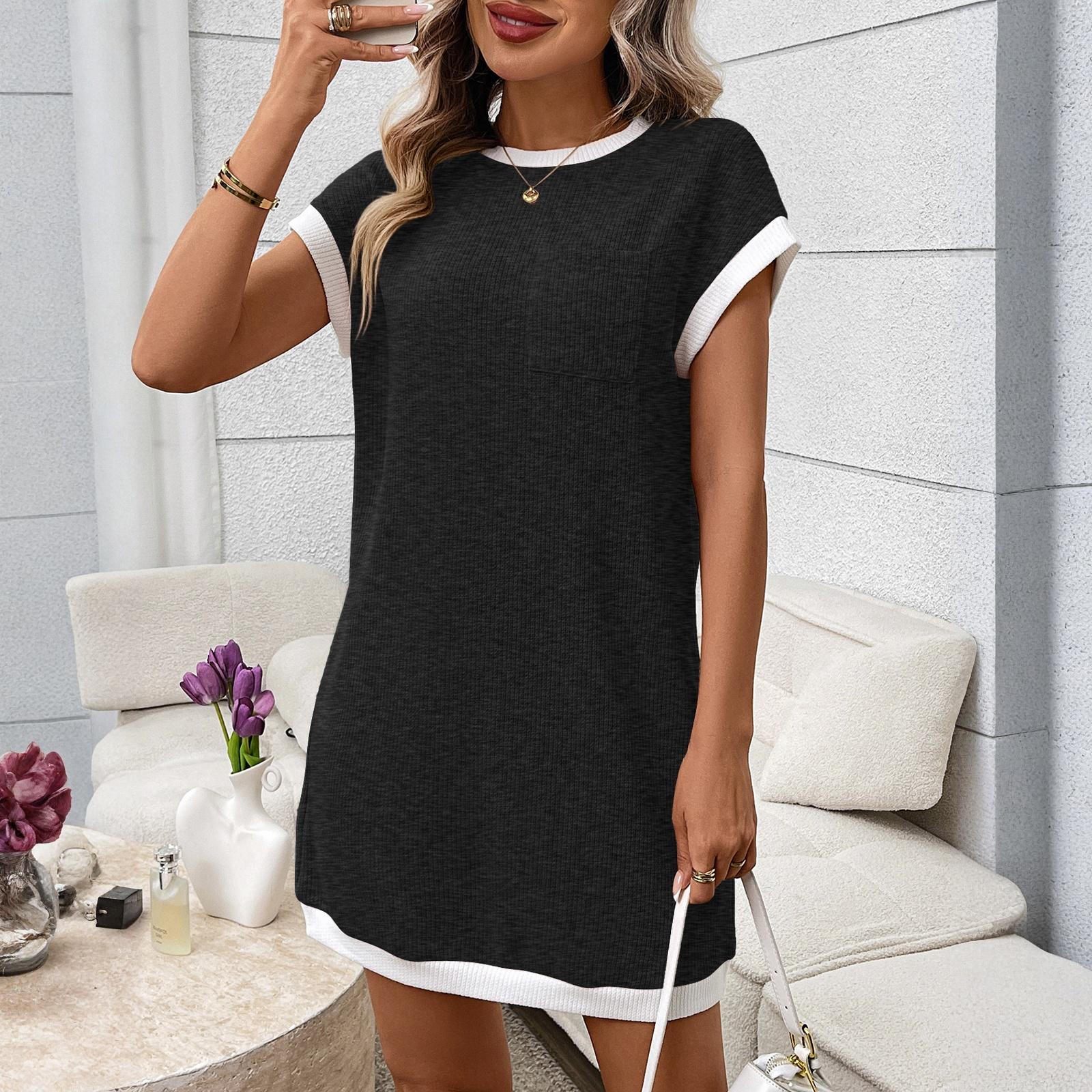 Women s Round Neck Casual Contrasting Short Sleeved Pocket Dress XXL