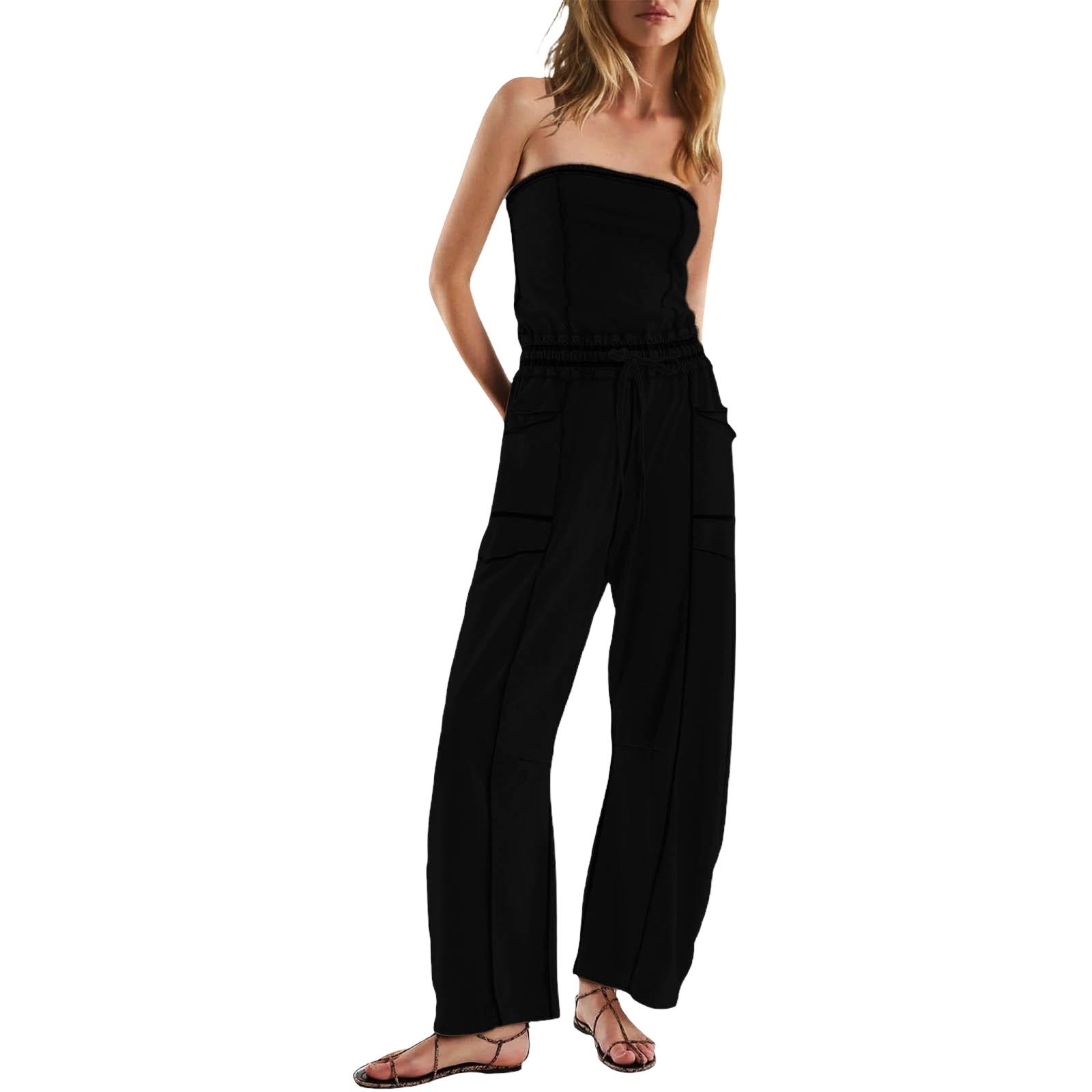 Women s Strapless Off-Shoulder Jumpsuit One-Piece Romper with Pockets L