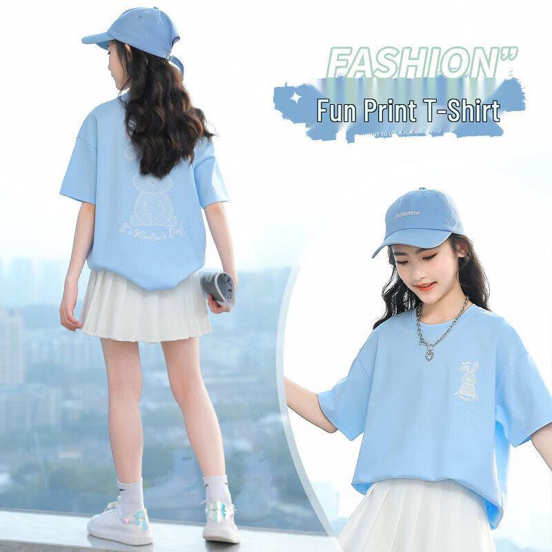 Moonkids Girls  2026 Summer Blue Short Sleeve T-Shirt 150cm