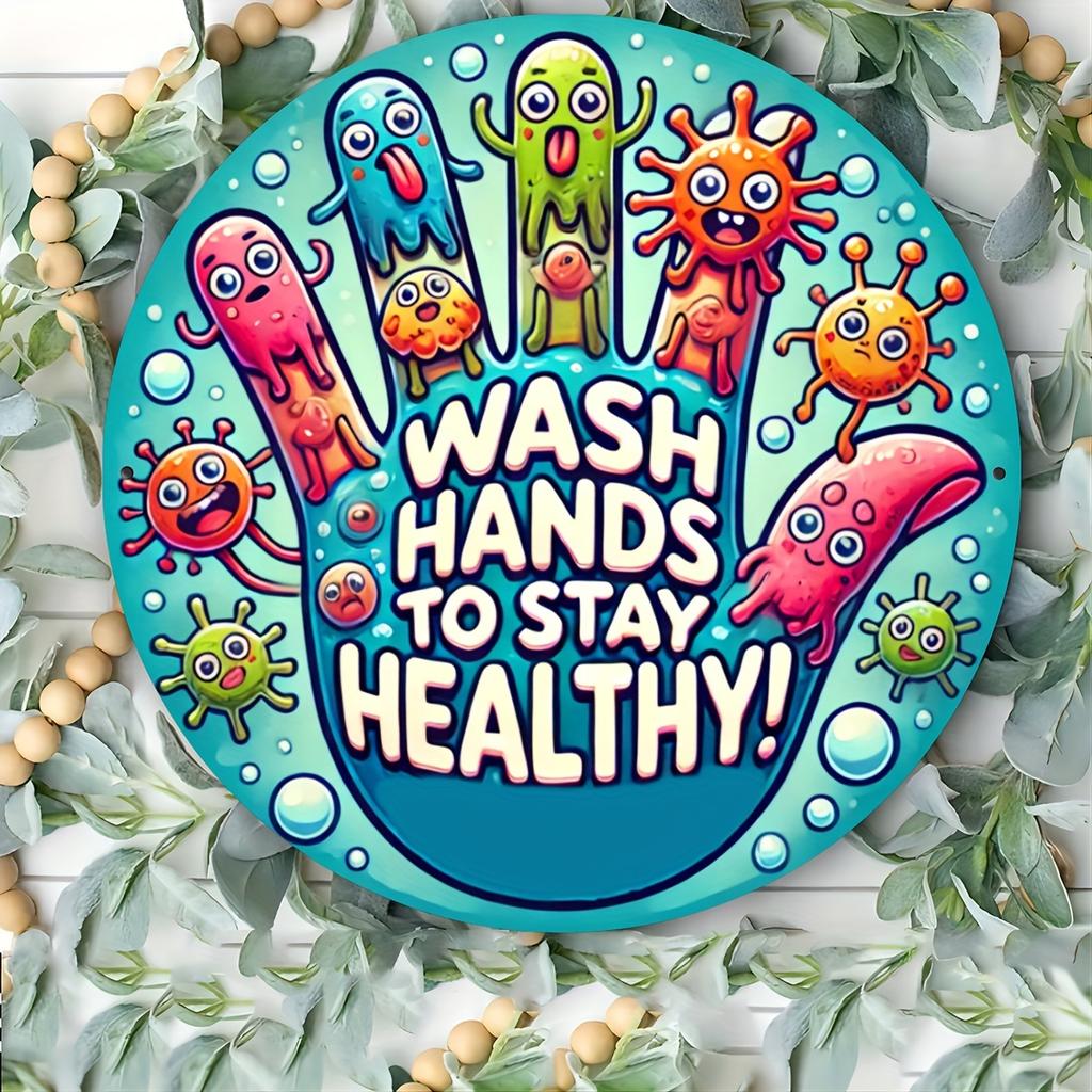 1pc, "Wash Hands To Stay Healthy" Round Sign, 7.8x7.8inch, Durable Seasonal Wall Art, Wooden Carved, for Home, Garden, Porch, Cafe, Farm Decor, Craft