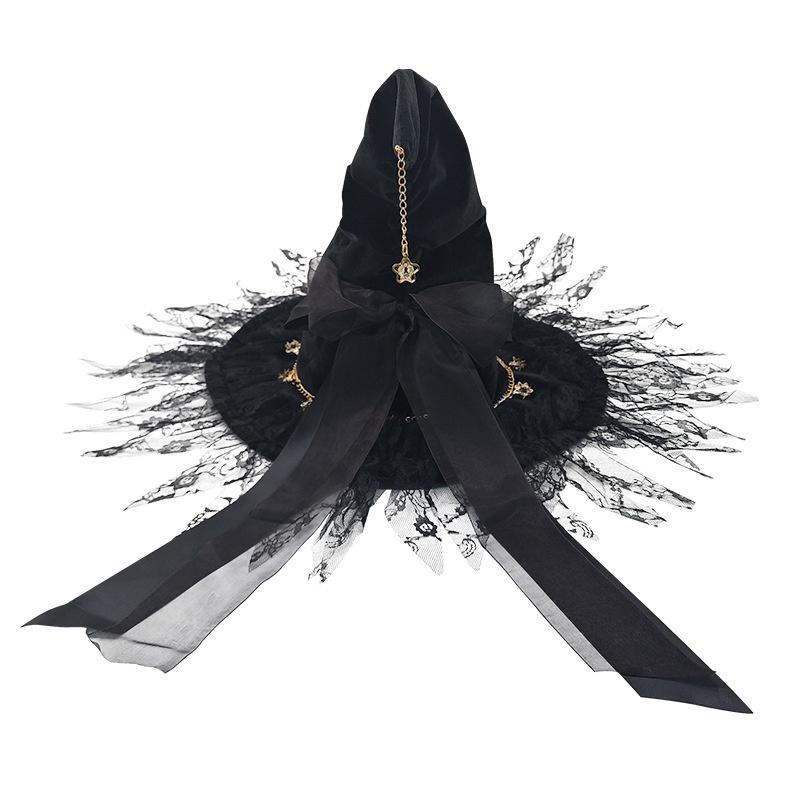 

Шляпа ведьмы в стиле готической лолиты с бантом и цепочкой со звездами, кружевной отделкой, реквизит для фото на Хэллоуин, винтажная черная шляпа в стиле Y2K, аксессуары для костюма