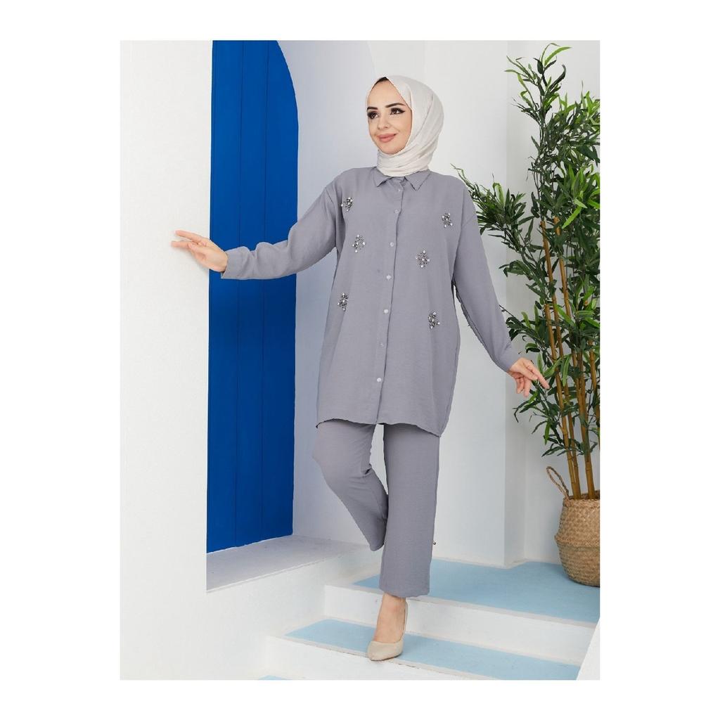 Women's Black Color Linen Shirt Collar Buttoned Bottom Top Set