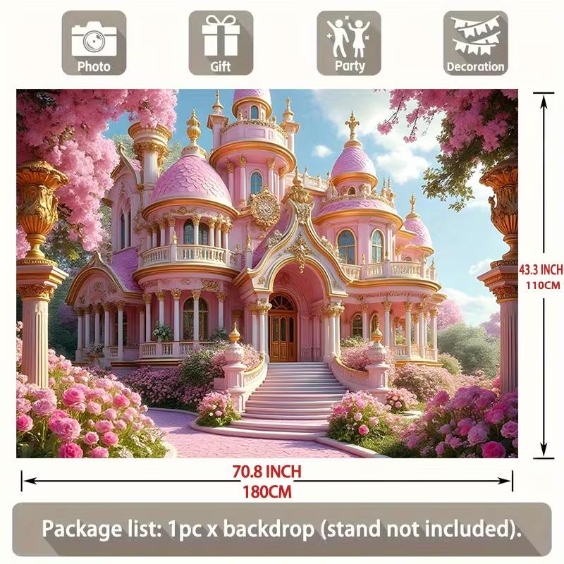 

2D Pink Floral Princess Castle Backdrop, 2D Flat Banner for Girls Birthday & Themed Events 47.2x31.5inch/120*80cm