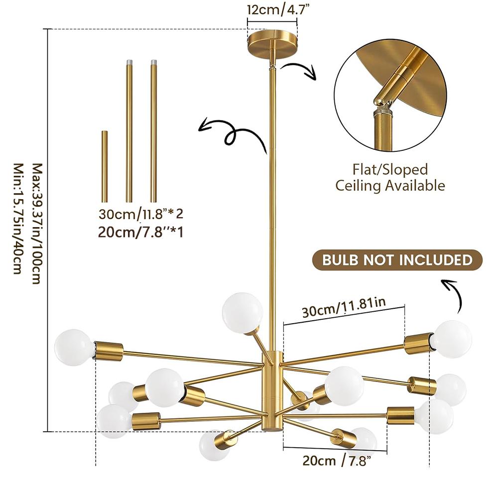 

Modern Sputnik Chandeliers Light, 12-Light Gold Chandeliers for Dining Room, Height Adjustable Ceiling Lights Farmhouse Chandelier for Kitchen Island 12 heads