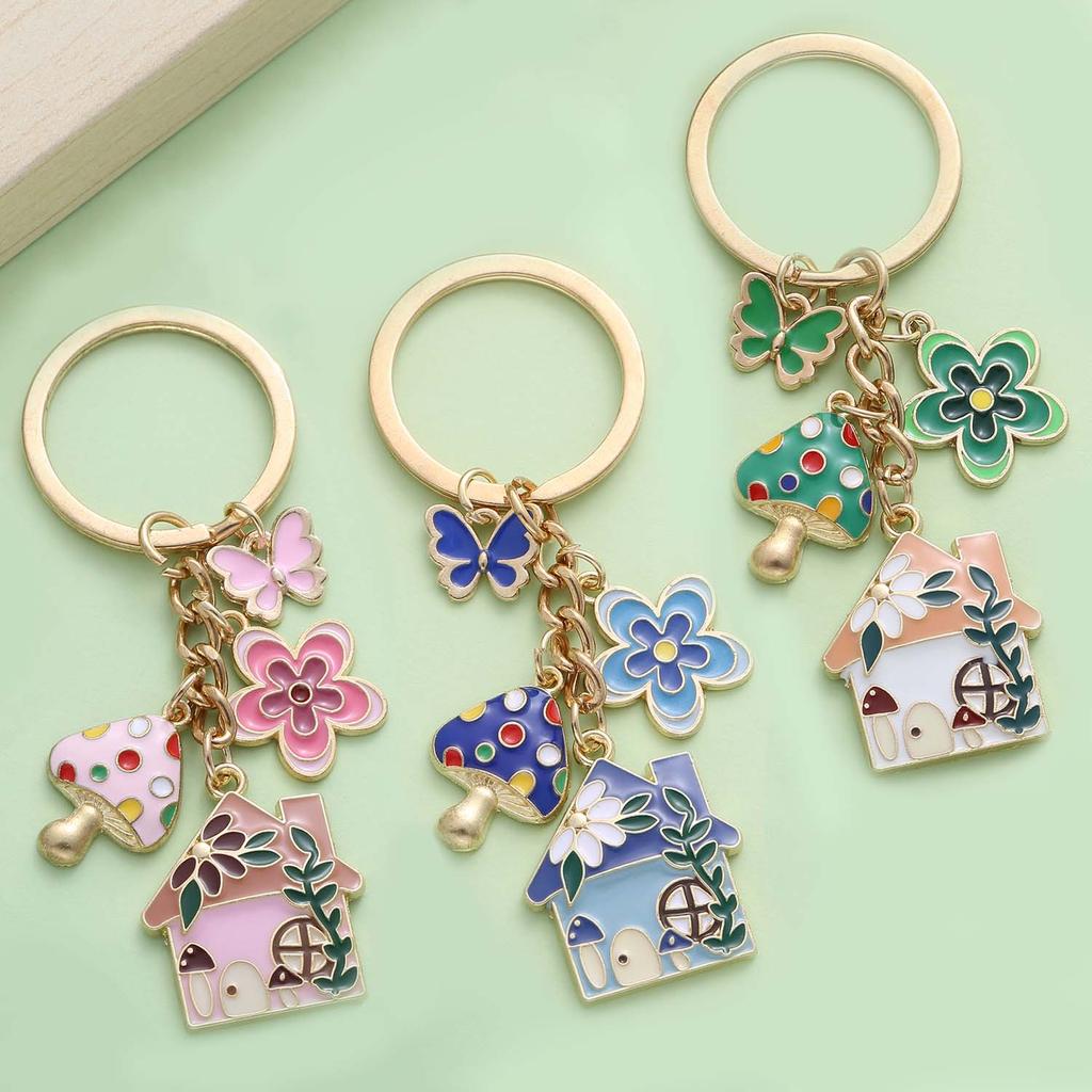 1pc Colorful Fairy Tale Keychain, Enamel Mushroom House Flower Butterfly Charms Key Ring, For Car Keys, Backpacks, Wallets