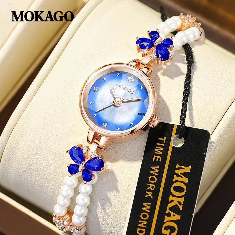 Женские кварцевые часы Mokago со стразами и браслетом из сплава, водонепроницаемые, высококлассный дизайн