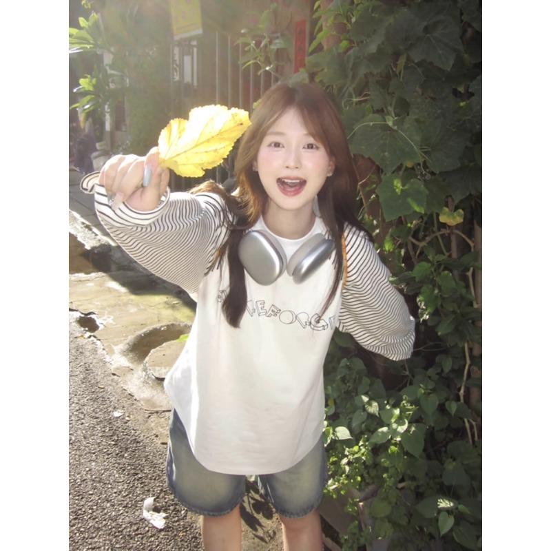 Letter Printed Striped Women's T-shirt Round Neck Minimalist Long Sleeved Pullover New Korean Loose Autumn Woman Top