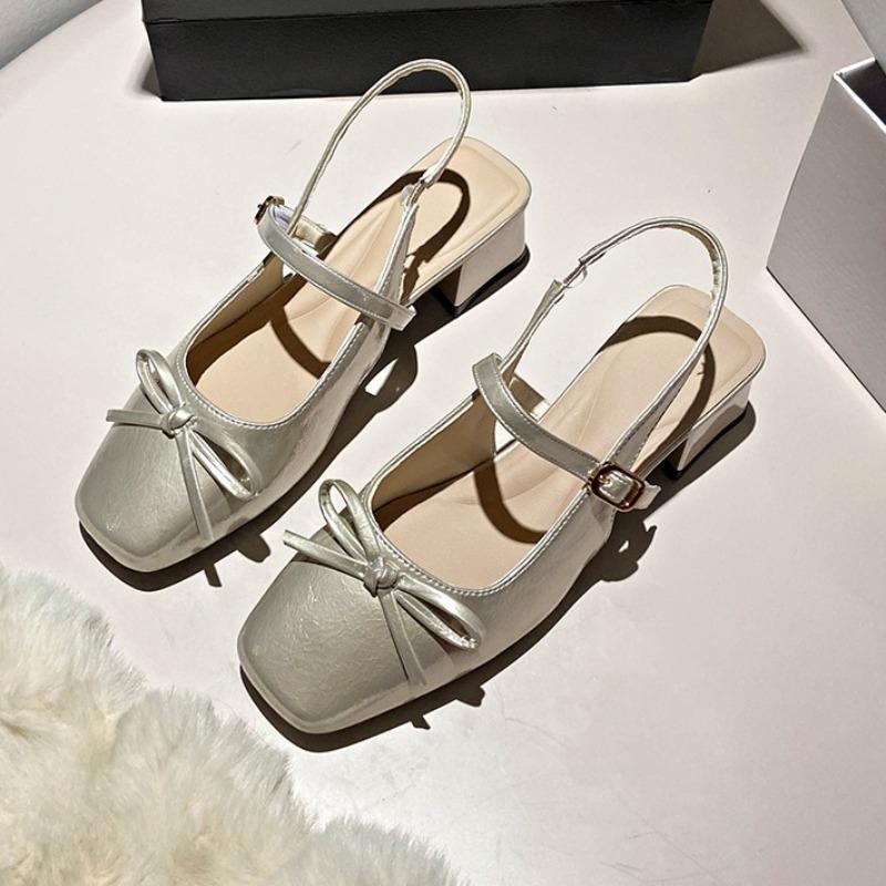 Fashion Summer New Bow Wrapped Sandals Women's Fashion Block Heel Square Toe Shallow Mouth Back Trip Band Kitten Heel Shoes