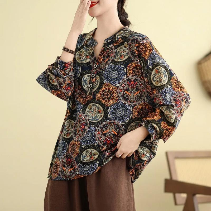 Chinese Style Literary Retro Cotton and Linen Long-sleeved T-shirt Tops for Women's Spring and Autumn New Loose Bottoming Shirts