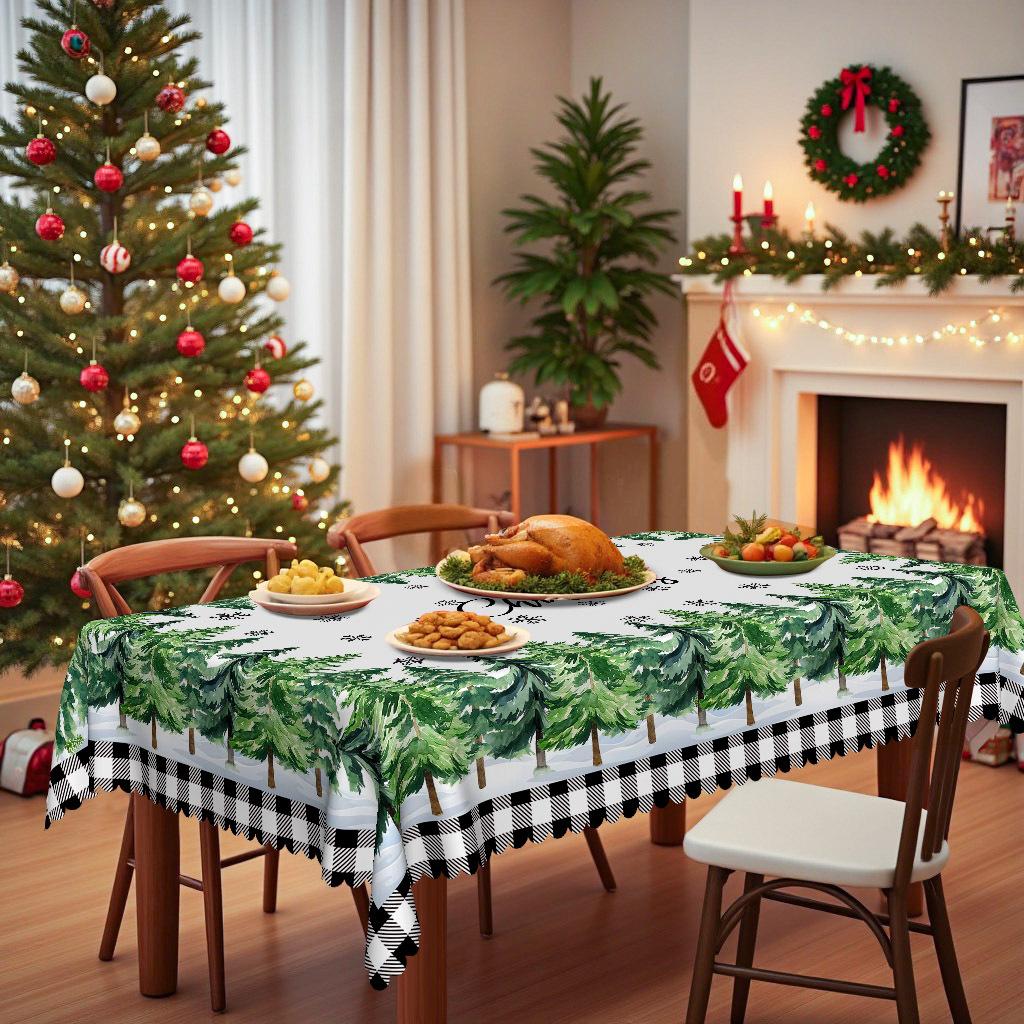 Christmas Tablecloth, Snow Pine Print + Black And White Plaid, Waterproof Leave-In, Dining Table Tablecloth Festive Decoration Round tablecloth-152x152cm