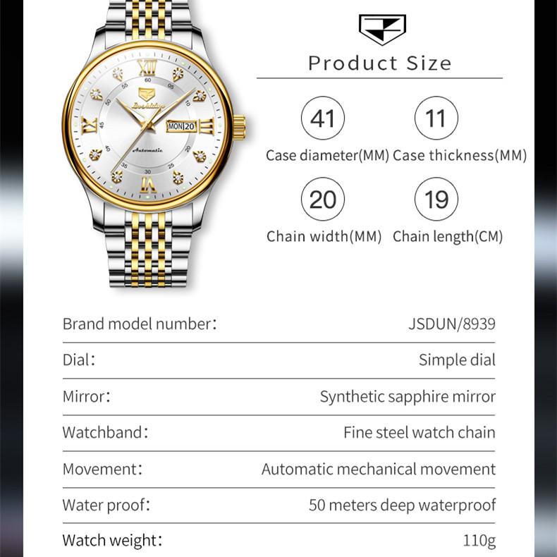 JINSHIDUN Nové pánské hodinky pro podnikání a volný čas Dual Calendar Plně automatické mechanické hodinky Intarzované pánské hodinky nejvyšší třídy