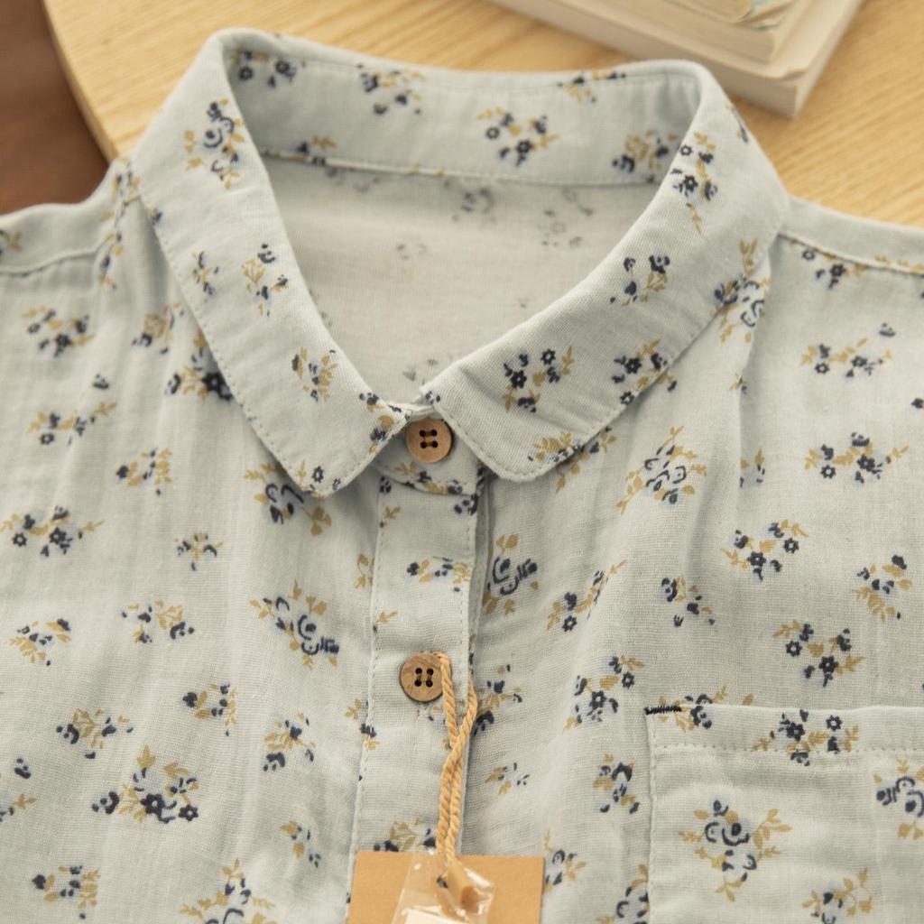 Spring Yuanbao Collar Floral Print Double Layer Gauze Cotton Shirt - Women's Loose Cotton Linen Style