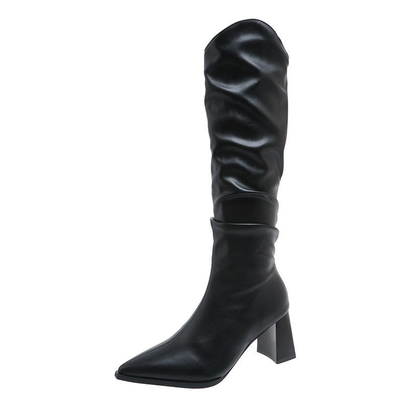 Pointed Pleated Tall Boots Women's Autumn Tide Thick Heel Pile Boots High Heel But Knee Sleeve Long Boots