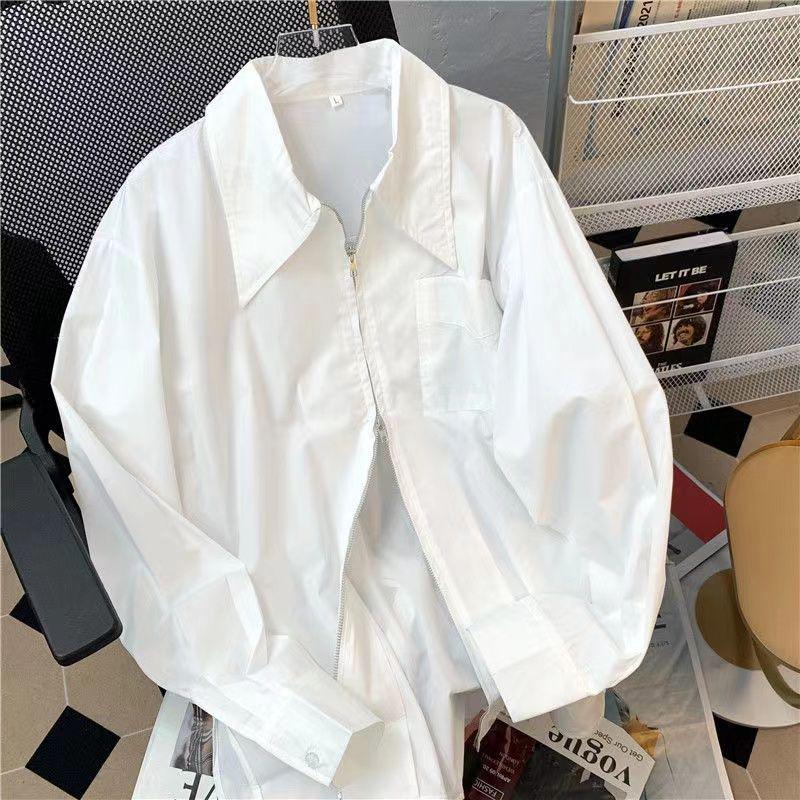 Women's White Zipper Shirt with Large Collar - Versatile for Layering, Unique Design