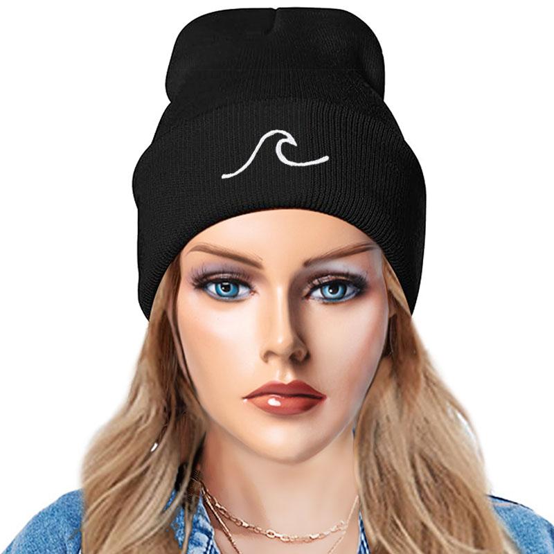 Winter Beanie Hats for Men Women Embroidery Wave Knit Cuffed Beanie Skull Cap Outdoor Daily Wear